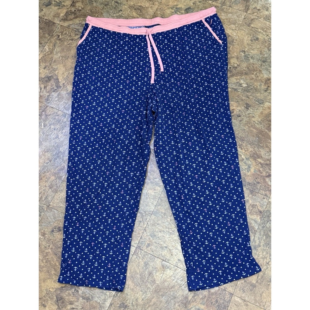Nautica Women Pajama Pants XL Extra Large Blue Anchor Polka Dot Pink Drawstring